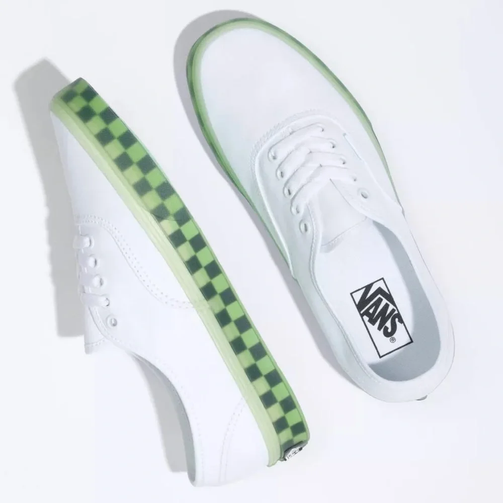 Vans White Canvas Sneakers with Green Checkerboard Sole